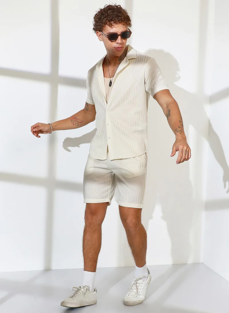 CAHOOT  Men's Cream White Ribbed-Striped Co-Ord Set For Casual Wear | Cuban Collar | Short Sleeve | Button Closure | Co-Ords Crafted With Comfort Fit For Everyday Wear for Men | Best Price UAE